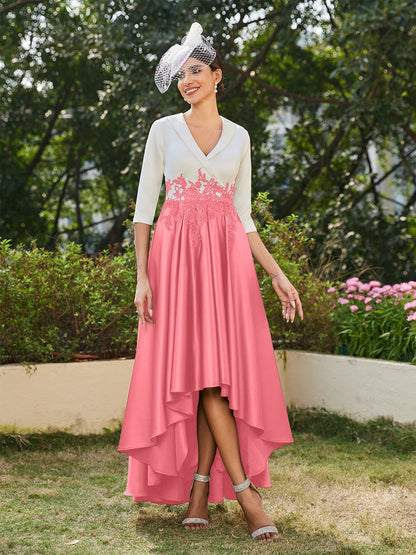Vestidos Longos de Noite com Mangas Meio Comprimento e Gola em V Bordados em Estilo A-Line/Princesa