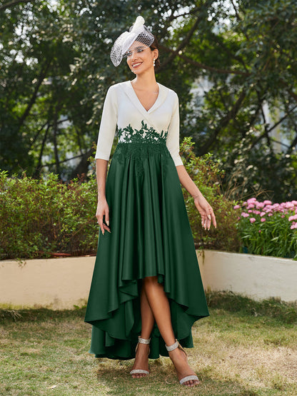 Vestidos Longos de Noite com Mangas Meio Comprimento e Gola em V Bordados em Estilo A-Line/Princesa