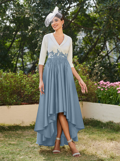 Vestidos Longos de Noite com Mangas Meio Comprimento e Gola em V Bordados em Estilo A-Line/Princesa