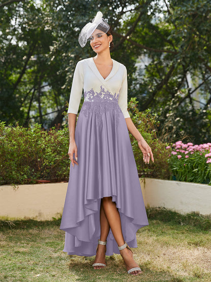 Vestidos Longos de Noite com Mangas Meio Comprimento e Gola em V Bordados em Estilo A-Line/Princesa
