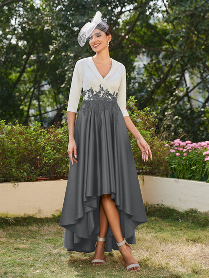 Vestidos Longos de Noite com Mangas Meio Comprimento e Gola em V Bordados em Estilo A-Line/Princesa