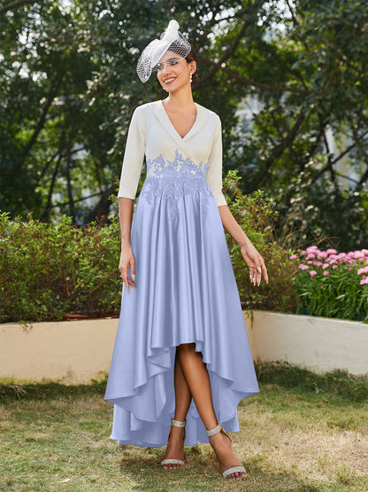 Vestidos Longos de Noite com Mangas Meio Comprimento e Gola em V Bordados em Estilo A-Line/Princesa