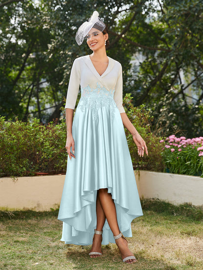 Vestidos Longos de Noite com Mangas Meio Comprimento e Gola em V Bordados em Estilo A-Line/Princesa