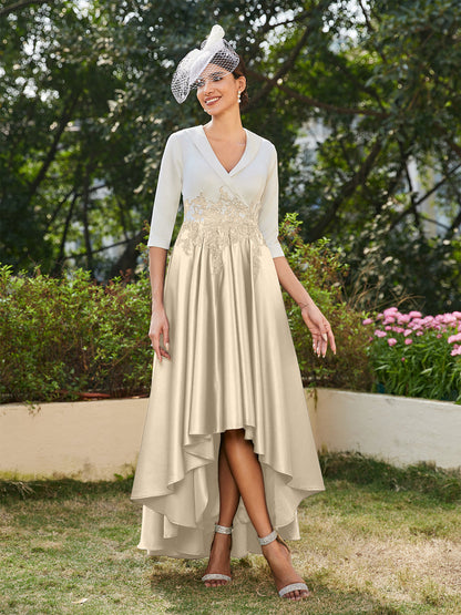 Vestidos Longos de Noite com Mangas Meio Comprimento e Gola em V Bordados em Estilo A-Line/Princesa