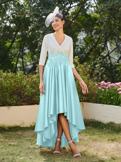 Vestidos Longos de Noite com Mangas Meio Comprimento e Gola em V Bordados em Estilo A-Line/Princesa