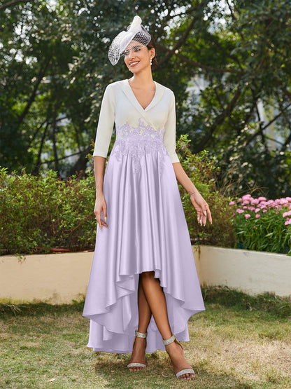 Vestidos Longos de Noite com Mangas Meio Comprimento e Gola em V Bordados em Estilo A-Line/Princesa