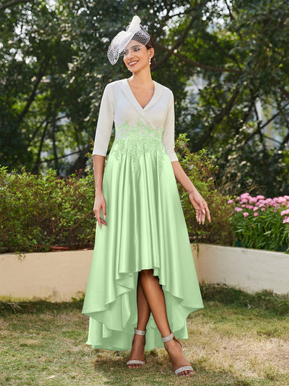 Vestidos Longos de Noite com Mangas Meio Comprimento e Gola em V Bordados em Estilo A-Line/Princesa