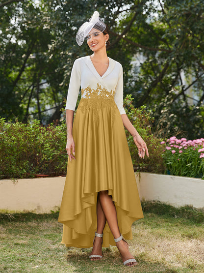 Vestidos Longos de Noite com Mangas Meio Comprimento e Gola em V Bordados em Estilo A-Line/Princesa