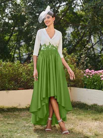 Vestidos Longos de Noite com Mangas Meio Comprimento e Gola em V Bordados em Estilo A-Line/Princesa
