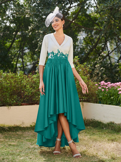 Vestidos Longos de Noite com Mangas Meio Comprimento e Gola em V Bordados em Estilo A-Line/Princesa
