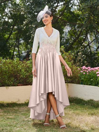 Vestidos Longos de Noite com Mangas Meio Comprimento e Gola em V Bordados em Estilo A-Line/Princesa