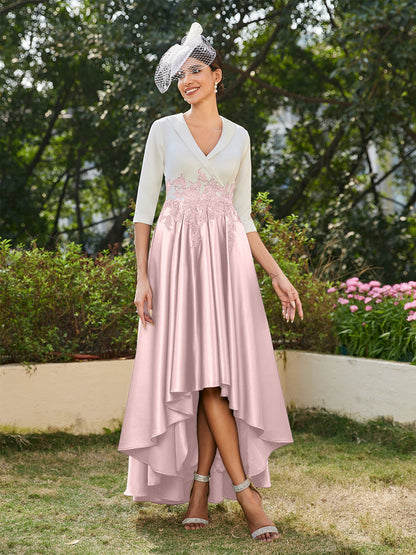 Vestidos Longos de Noite com Mangas Meio Comprimento e Gola em V Bordados em Estilo A-Line/Princesa