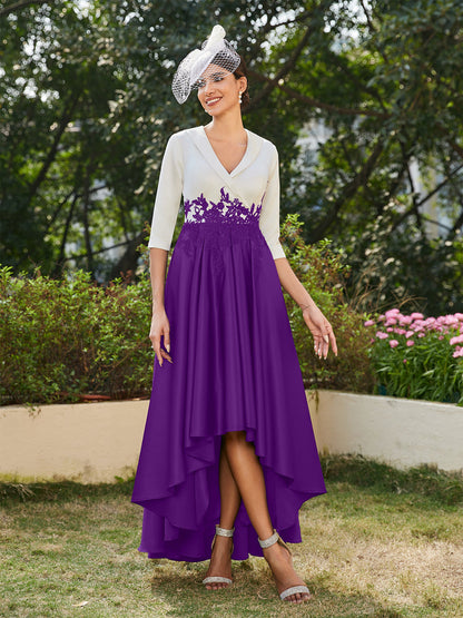 Vestidos Longos de Noite com Mangas Meio Comprimento e Gola em V Bordados em Estilo A-Line/Princesa