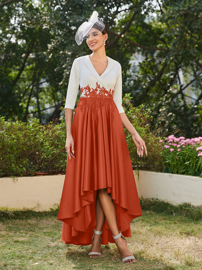 Vestidos Longos de Noite com Mangas Meio Comprimento e Gola em V Bordados em Estilo A-Line/Princesa