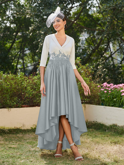 Vestidos Longos de Noite com Mangas Meio Comprimento e Gola em V Bordados em Estilo A-Line/Princesa