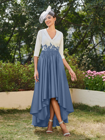 Vestidos Longos de Noite com Mangas Meio Comprimento e Gola em V Bordados em Estilo A-Line/Princesa