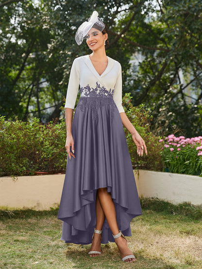 Vestidos Longos de Noite com Mangas Meio Comprimento e Gola em V Bordados em Estilo A-Line/Princesa