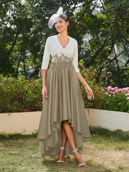 Vestidos Longos de Noite com Mangas Meio Comprimento e Gola em V Bordados em Estilo A-Line/Princesa