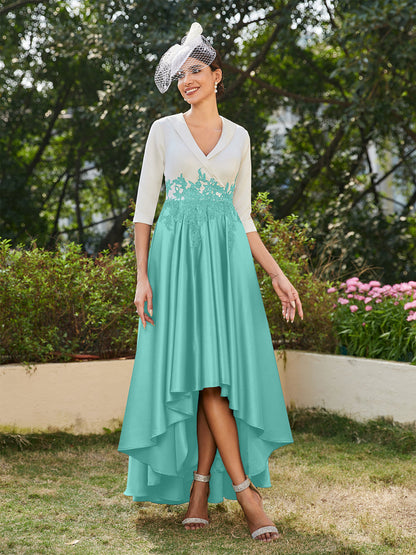 Vestidos Longos de Noite com Mangas Meio Comprimento e Gola em V Bordados em Estilo A-Line/Princesa