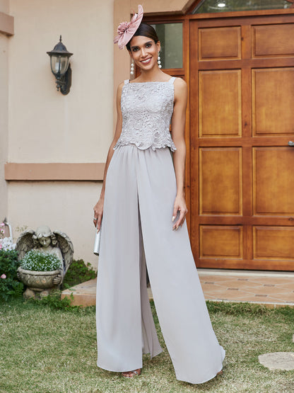 Macacão de Calça de 3/4 de Mangas com Gola Quadrada em Chiffon, Aplicações de Renda e Casaco