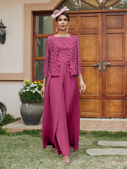 Macacão de Calça de 3/4 de Mangas com Gola Quadrada em Chiffon, Aplicações de Renda e Casaco