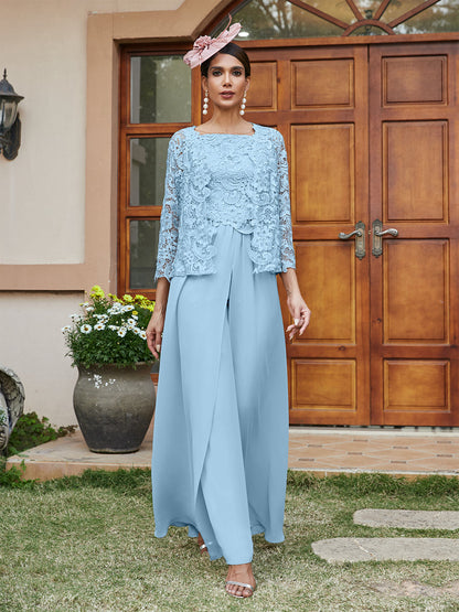 Macacão de Calça de 3/4 de Mangas com Gola Quadrada em Chiffon, Aplicações de Renda e Casaco