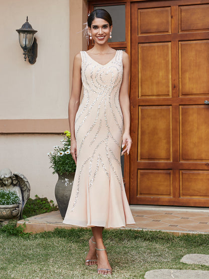 Vestidos Longos de Noite com Mangas 3/4 e Decote em V Bordados com Lantejoulas e Casaco em Estilo Sereia/Coluna