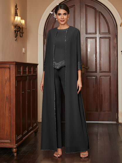 Macacão de Calça 3/4 de Mangas em Chiffon com Detalhes em Lantejoulas e Casaco