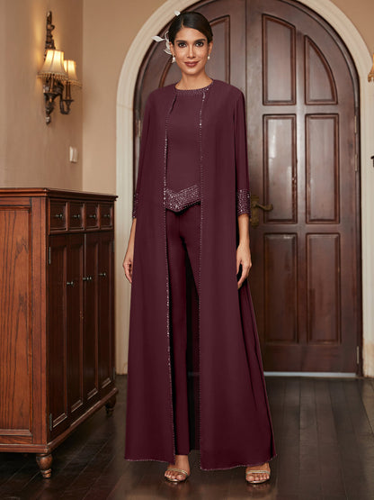 Macacão de Calça 3/4 de Mangas em Chiffon com Detalhes em Lantejoulas e Casaco