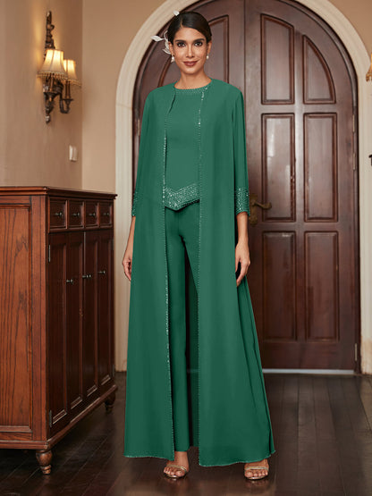 Macacão de Calça 3/4 de Mangas em Chiffon com Detalhes em Lantejoulas e Casaco