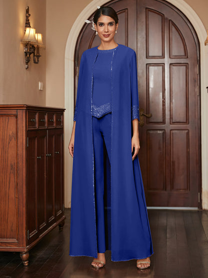 Macacão de Calça 3/4 de Mangas em Chiffon com Detalhes em Lantejoulas e Casaco