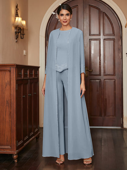 Macacão de Calça 3/4 de Mangas em Chiffon com Detalhes em Lantejoulas e Casaco