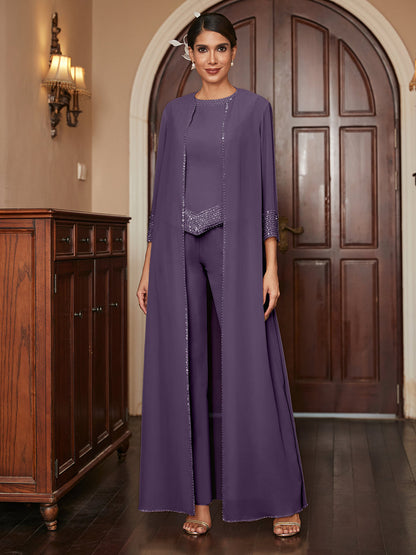 Macacão de Calça 3/4 de Mangas em Chiffon com Detalhes em Lantejoulas e Casaco