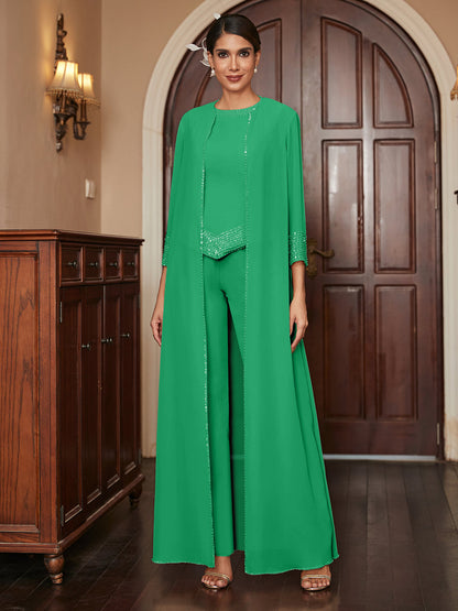 Macacão de Calça 3/4 de Mangas em Chiffon com Detalhes em Lantejoulas e Casaco