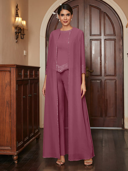 Macacão de Calça 3/4 de Mangas em Chiffon com Detalhes em Lantejoulas e Casaco