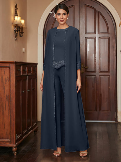 Macacão de Calça 3/4 de Mangas em Chiffon com Detalhes em Lantejoulas e Casaco