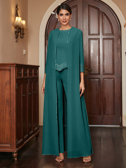 Macacão de Calça 3/4 de Mangas em Chiffon com Detalhes em Lantejoulas e Casaco