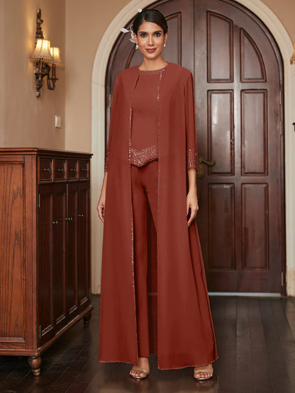 Macacão de Calça 3/4 de Mangas em Chiffon com Detalhes em Lantejoulas e Casaco