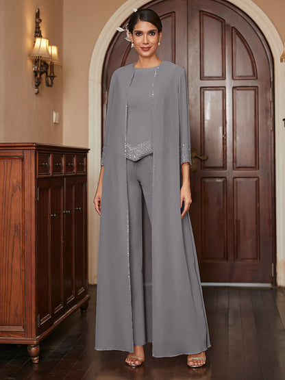 Macacão de Calça 3/4 de Mangas em Chiffon com Detalhes em Lantejoulas e Casaco