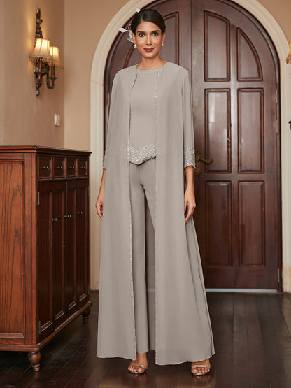 Macacão de Calça 3/4 de Mangas em Chiffon com Detalhes em Lantejoulas e Casaco