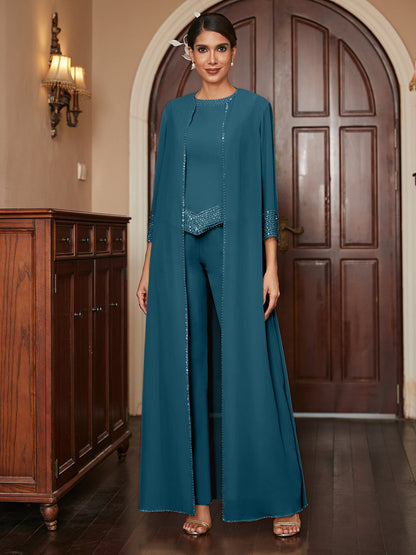 Macacão de Calça 3/4 de Mangas em Chiffon com Detalhes em Lantejoulas e Casaco