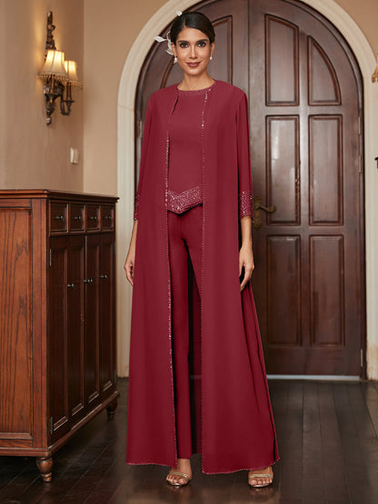 Macacão de Calça 3/4 de Mangas em Chiffon com Detalhes em Lantejoulas e Casaco