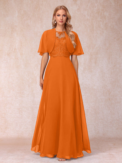 Vestidos Longos de Chiffon Evasê para Mãe Da Noiva com Jaqueta e Apliques