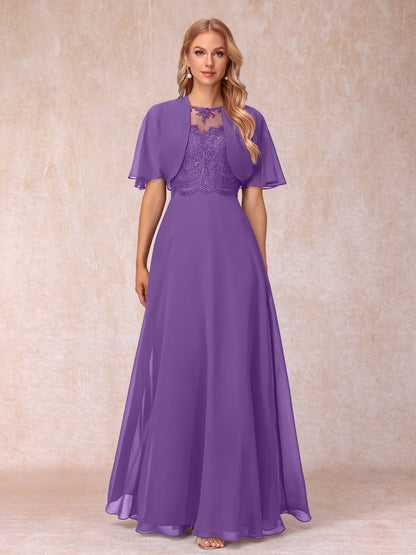 Vestidos Longos de Chiffon Evasê para Mãe Da Noiva com Jaqueta e Apliques