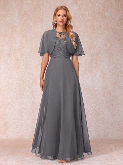 Vestidos Longos de Chiffon Evasê para Mãe Da Noiva com Jaqueta e Apliques