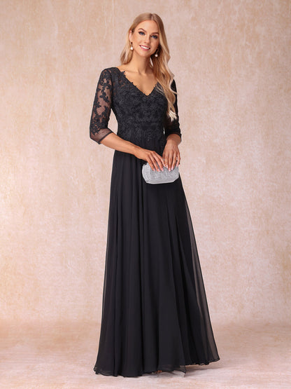 A-Line/Princesa Decote Em V Manga 3/4 Vestidos Longos de Noite Formais com Miçangas e Apliques