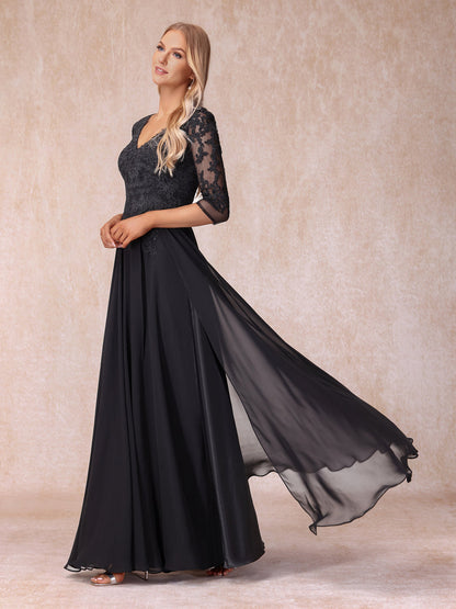 A-Line/Princesa Decote Em V Manga 3/4 Vestidos Longos de Noite Formais com Miçangas e Apliques