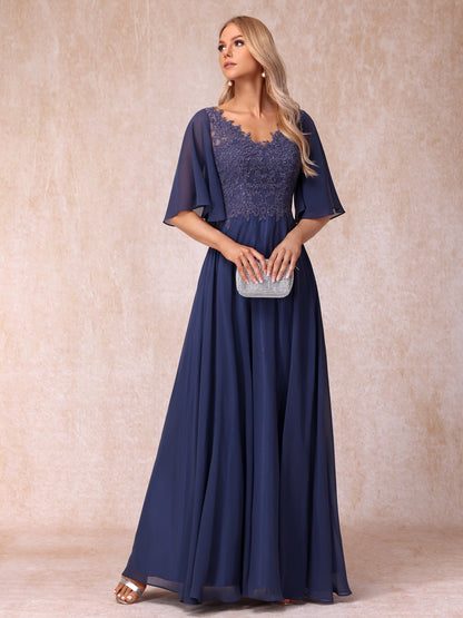 Vestidos de Noite Longos Formais/Princesa com Decote Em V Meia Manga Longos e Formais com Miçangas e Apliques