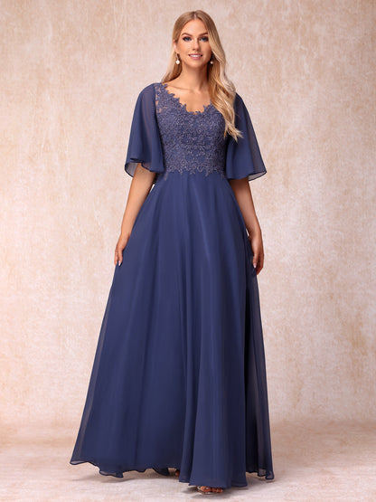 Vestidos de Noite Longos Formais/Princesa com Decote Em V Meia Manga Longos e Formais com Miçangas e Apliques