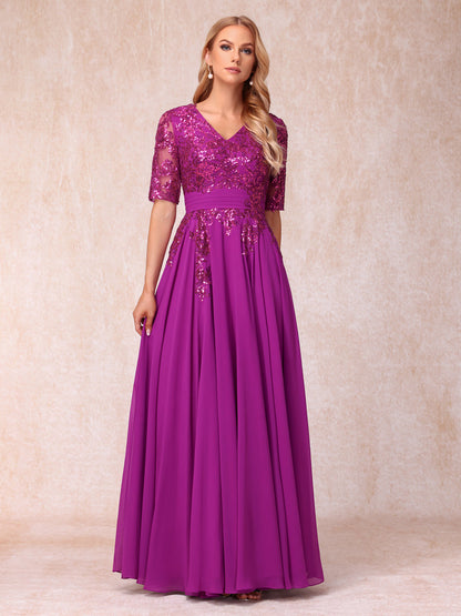 Vestidos de Noite Longos Formais/Princesa com Decote Em V Meia Manga e Lantejoulas